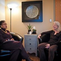 ELLICOTT CITY, MD -- 10/17/12 - Z. Colette Edwards is a Health, Wellness and Life Coach, and owns the consulting business, PeopleTweaker (cq). She meets with a former client, yoga therapist Pat Barnes, at her office in Ellicott City.? by AndrÈ Chung #AC2_0303